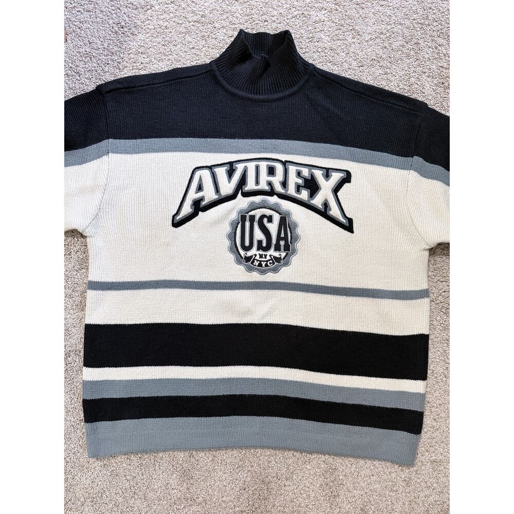 Vintage Avirex USA Varsity Turtleneck Sweater XL Black Gray Cream